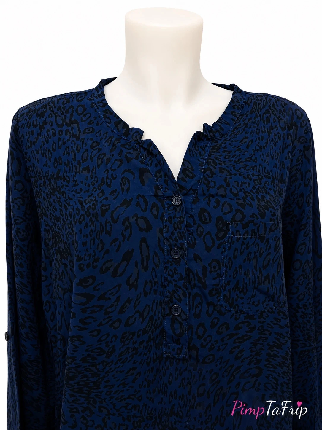 Blusa mujer estampado leopardo azul marino – Mangas arremangables – Muy buen estado – photo 2